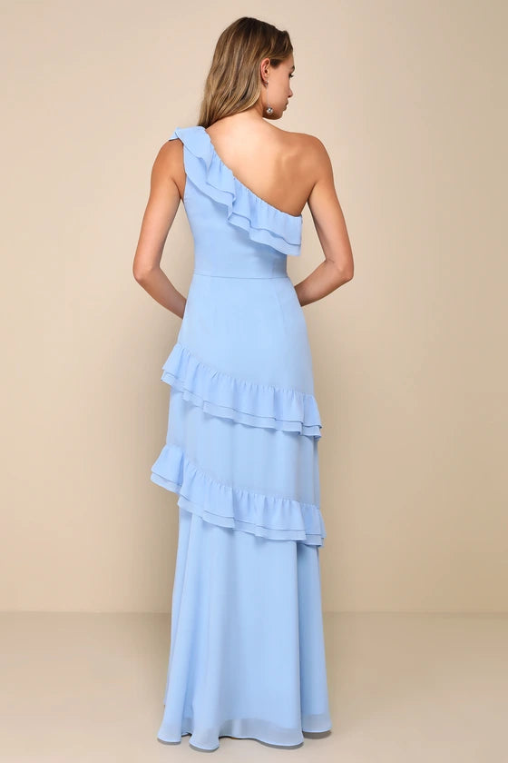 Lulus Brilliant Grace Light Blue Ruffled One-Shoulder Maxi Dress