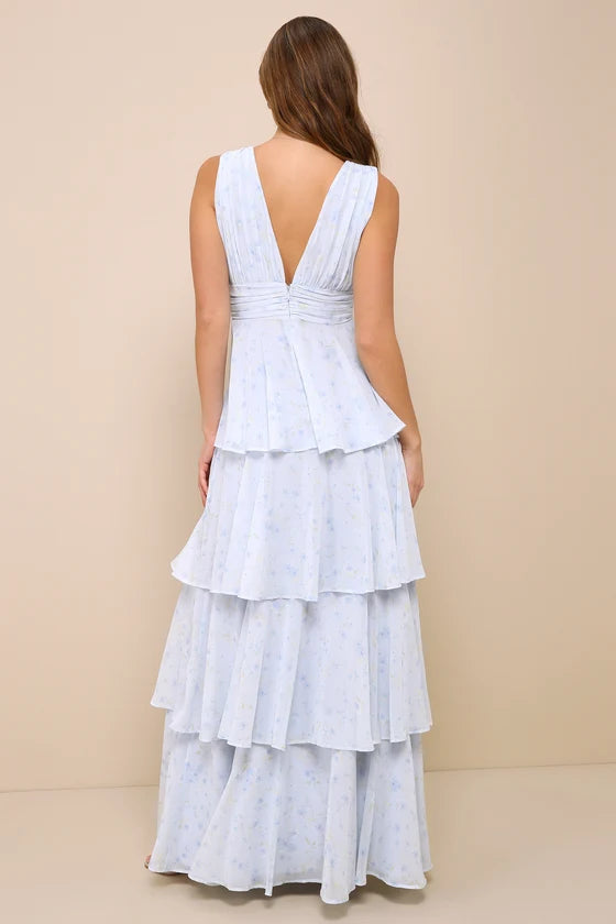 Lulus Amazing Evening Light Blue Floral Tiered Maxi Dress