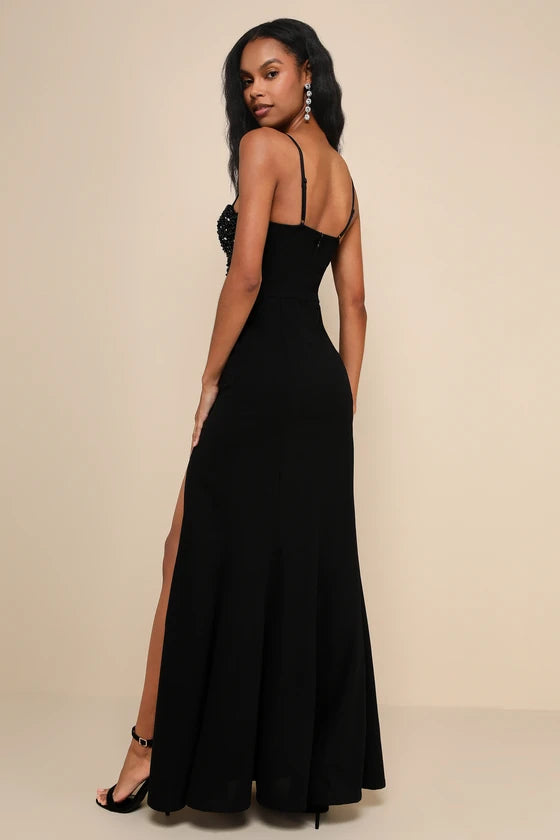 Lulus Luxe Allure Black Beaded Rhinestone Bustier Maxi Dress