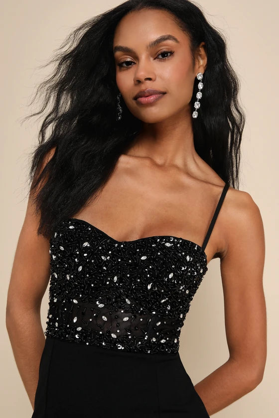 Lulus Luxe Allure Black Beaded Rhinestone Bustier Maxi Dress
