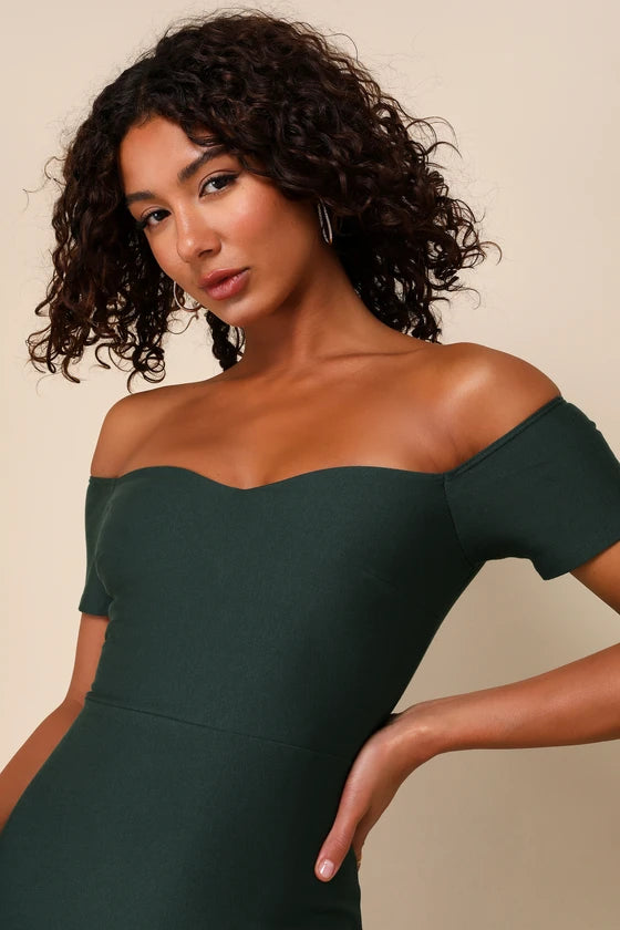 Lulus How Much I Care Dark Green Off-the-Shoulder Midi Dress