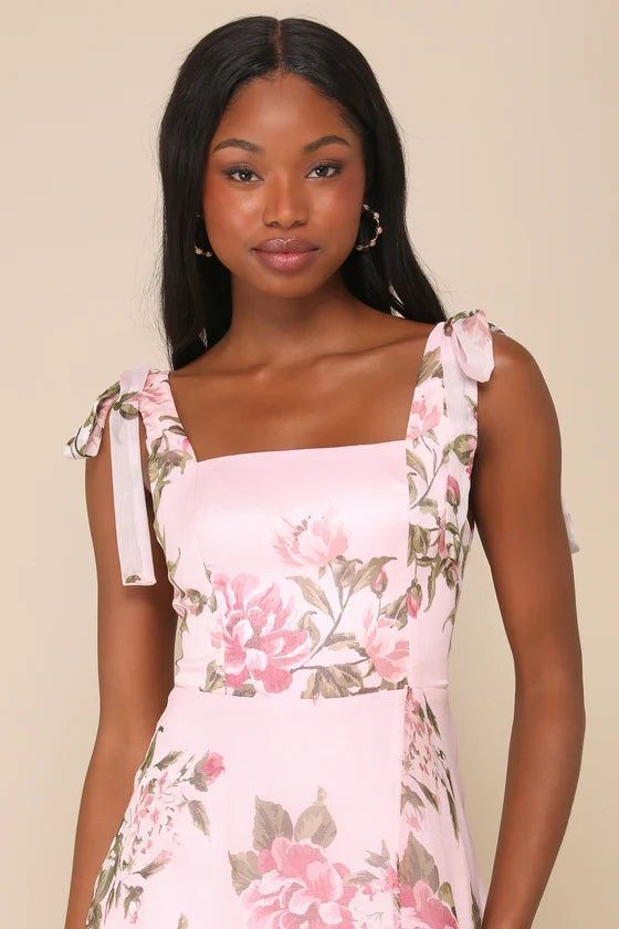 Lulus Love Me Forever Pink Floral Tie-Strap Square Neck Maxi Dress
