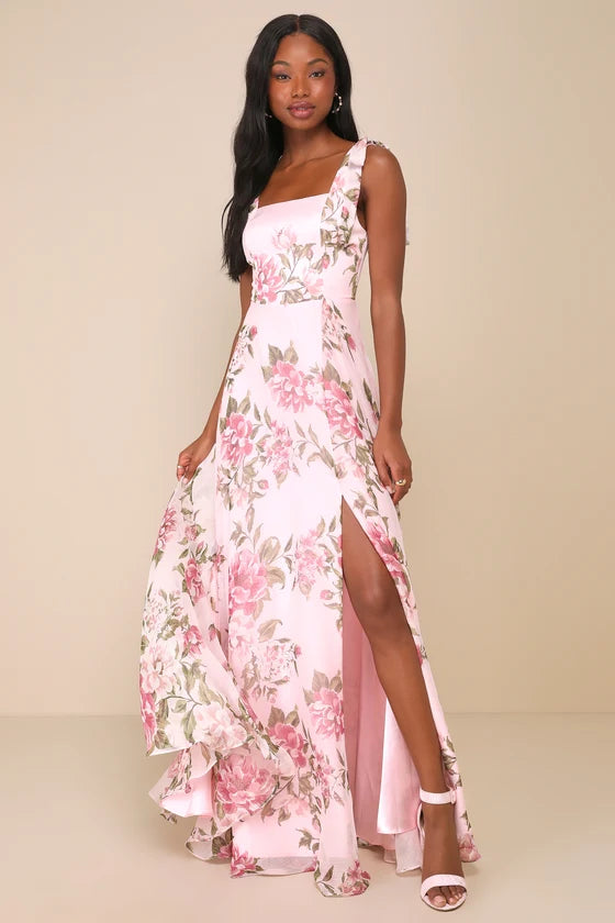 Lulus Love Me Forever Pink Floral Tie-Strap Square Neck Maxi Dress