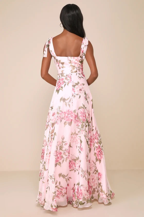 Lulus Love Me Forever Pink Floral Tie-Strap Square Neck Maxi Dress