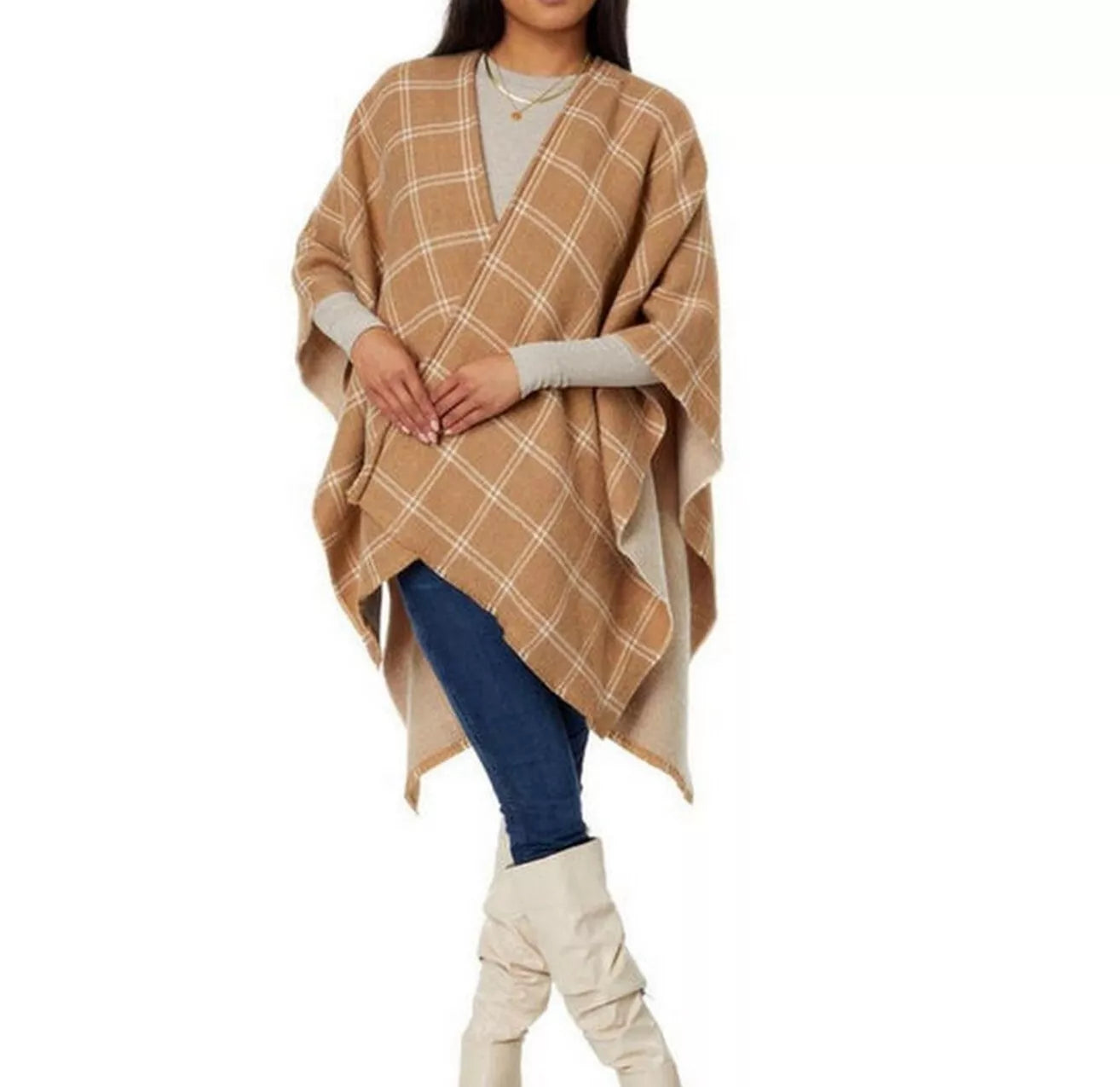 Ralph Lauren Herringbone-Windowpane Reversible Ruana Camel/Beige