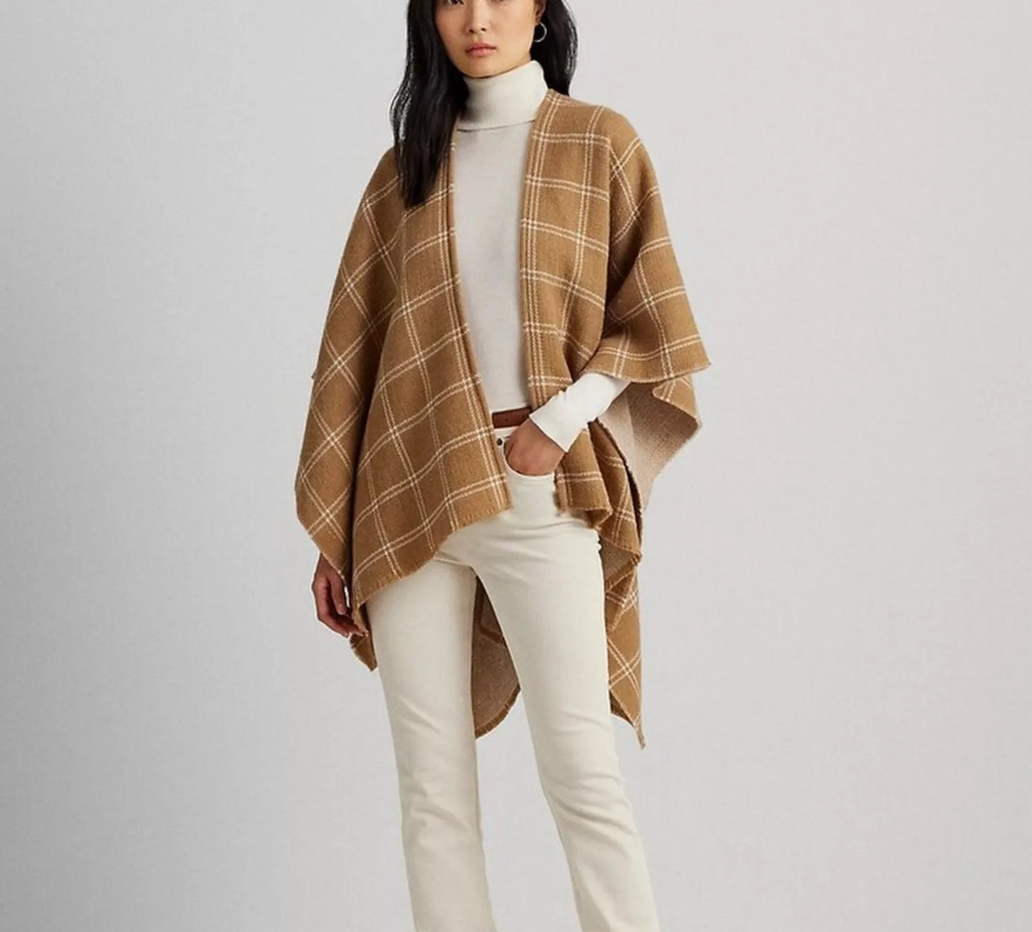 Ralph Lauren Herringbone-Windowpane Reversible Ruana Camel/Beige