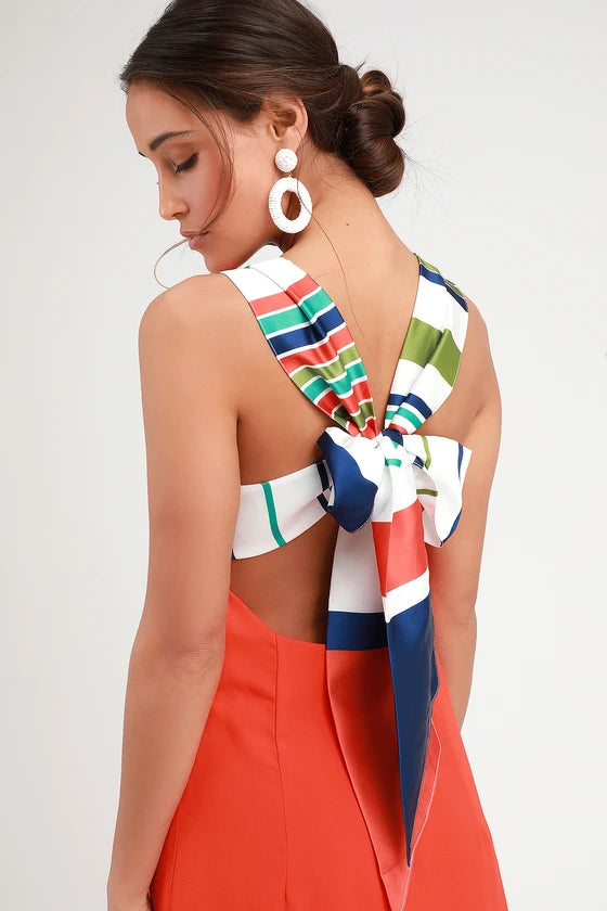 Lulus Joyful Red Orange Multi Stripe Tie-Back Mini Dress