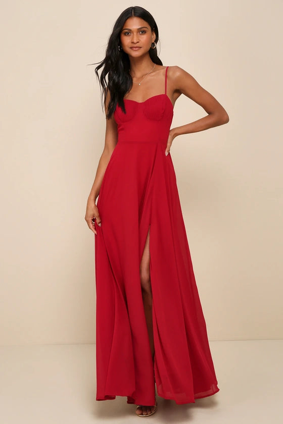 Lulus Cause for Commotion Red Pleated Bustier Maxi Dress
