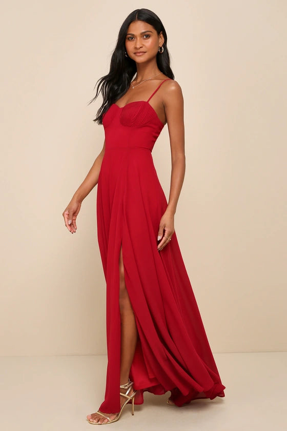 Lulus Cause for Commotion Red Pleated Bustier Maxi Dress