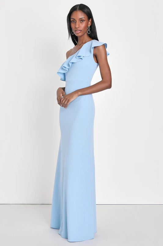 Lulus Last Forever Powder Blue One-Shoulder Ruffle Maxi Dress