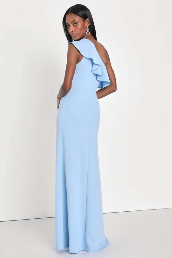 Lulus Last Forever Powder Blue One-Shoulder Ruffle Maxi Dress