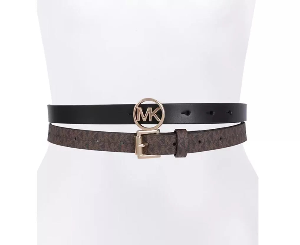 MICHAEL KORS logo solid genuine leather women's skinny belt set -Brown/Black