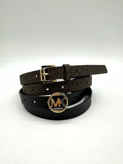 MICHAEL KORS logo solid genuine leather women's skinny belt set -Brown/Black