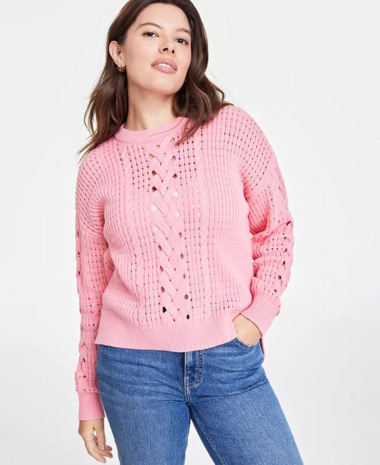 On 34th Women's Cable-Knit-Mesh Crewneck Long-Sleeve Sweater