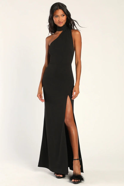 Lulus Keep It Interesting Black Asymmetrical Cutout Halter Maxi Dress