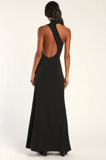 Lulus Keep It Interesting Black Asymmetrical Cutout Halter Maxi Dress