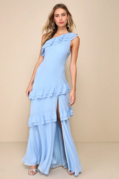 Lulus Brilliant Grace Light Blue Ruffled One-Shoulder Maxi Dress