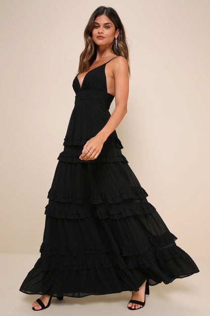 Lulus Lavish Perfection Black Ruffled Tiered Maxi Dress