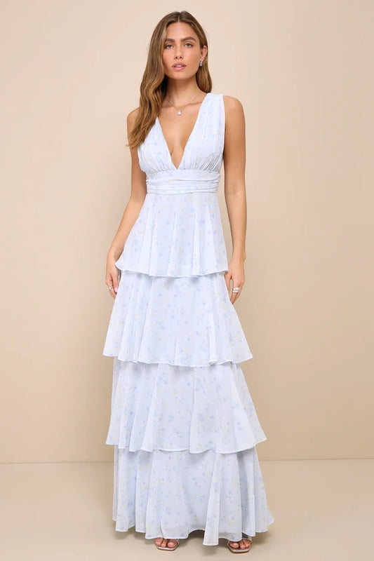 Lulus Amazing Evening Light Blue Floral Tiered Maxi Dress