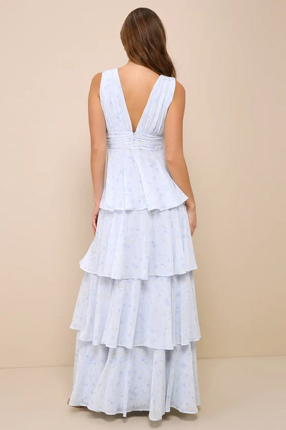 Lulus Amazing Evening Light Blue Floral Tiered Maxi Dress