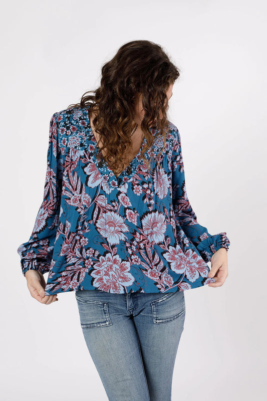 Band of The Free Josie Sapphire Mixed Print Long Sleeve Top