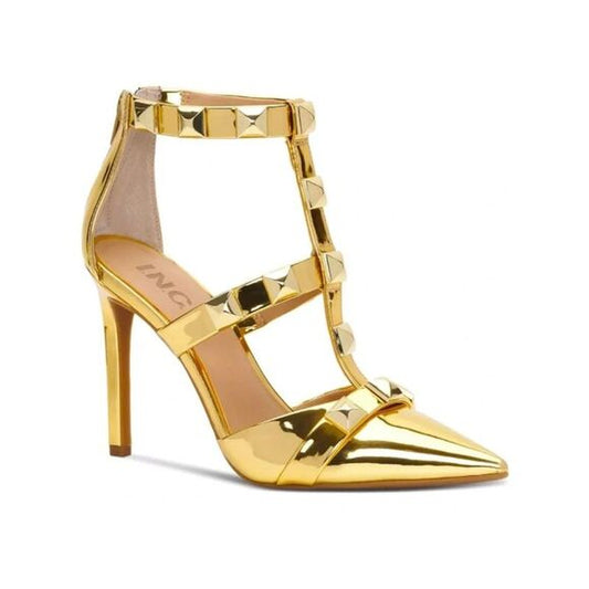 INC Women's Gold Studded Goring Syndia Pointed Toe Stiletto Sandals Shoes