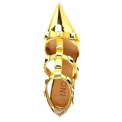INC Women's Gold Studded Goring Syndia Pointed Toe Stiletto Sandals Shoes