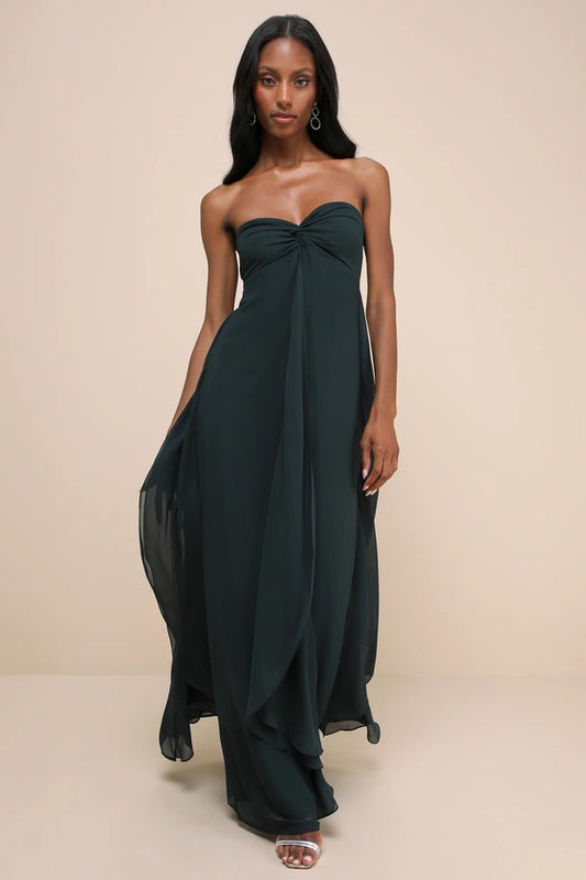 Lulus Intricate Perfection Emerald Green Strapless Ruffled Maxi Dress