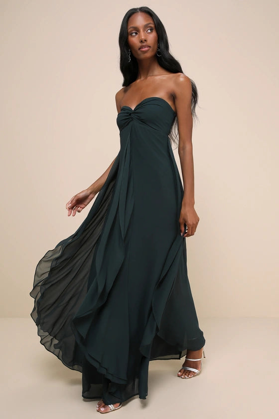 Lulus Intricate Perfection Emerald Green Strapless Ruffled Maxi Dress