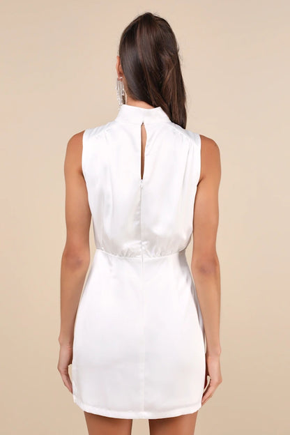 Lulus Classic Elegance White Satin Sleeveless Mock Neck Mini Dress