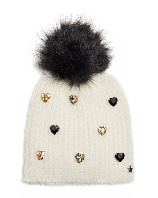 Jocelyn Knit Beanie with Rhinestone Hearts