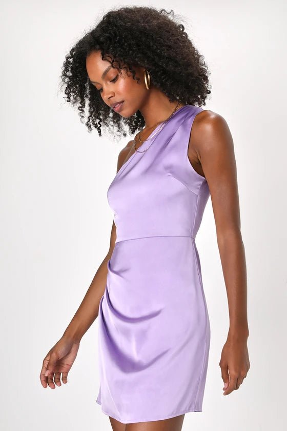 Lulus Love Me Tonight Lavender Satin One-Shoulder Mini Dress