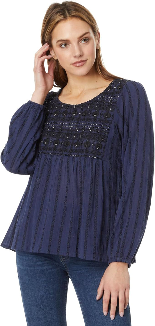 Lucky Brand Women's Beaded Embroidered Peasant Top