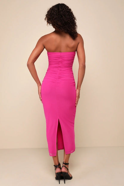Lulus Late Night Crush Magenta Mesh Ruched Strapless Midi Dress