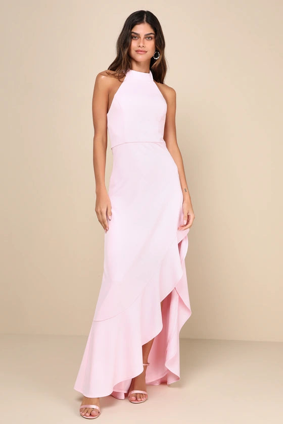 lulus Majestic Perfection Light Pink Ruffled Halter Maxi Dress