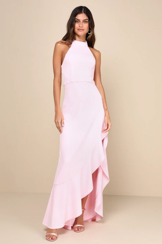 lulus Majestic Perfection Light Pink Ruffled Halter Maxi Dress