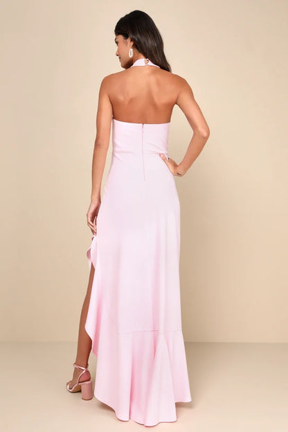 lulus Majestic Perfection Light Pink Ruffled Halter Maxi Dress