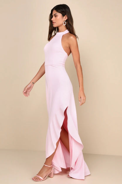 lulus Majestic Perfection Light Pink Ruffled Halter Maxi Dress