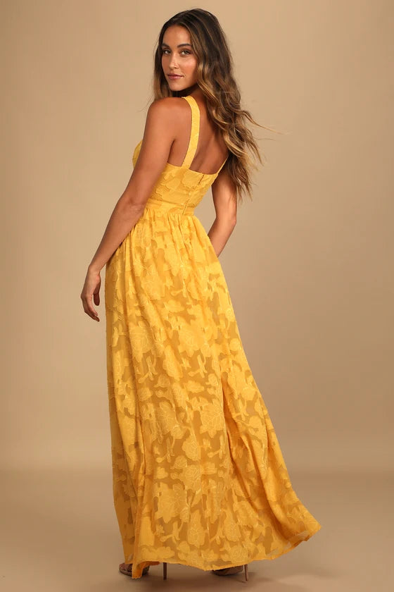 Lulus Love and Beyond Marigold Burnout Floral Maxi Dress