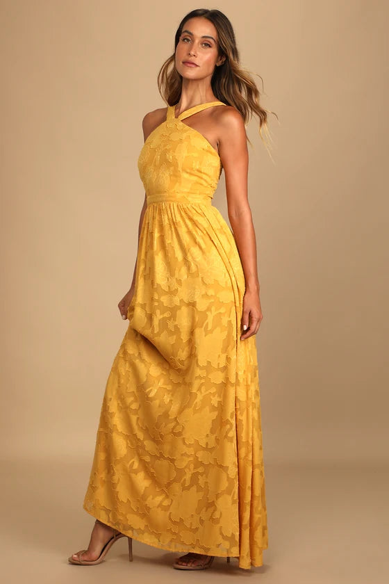 Lulus Love and Beyond Marigold Burnout Floral Maxi Dress