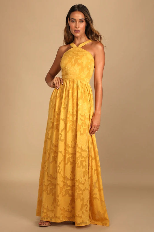 Lulus Love and Beyond Marigold Burnout Floral Maxi Dress