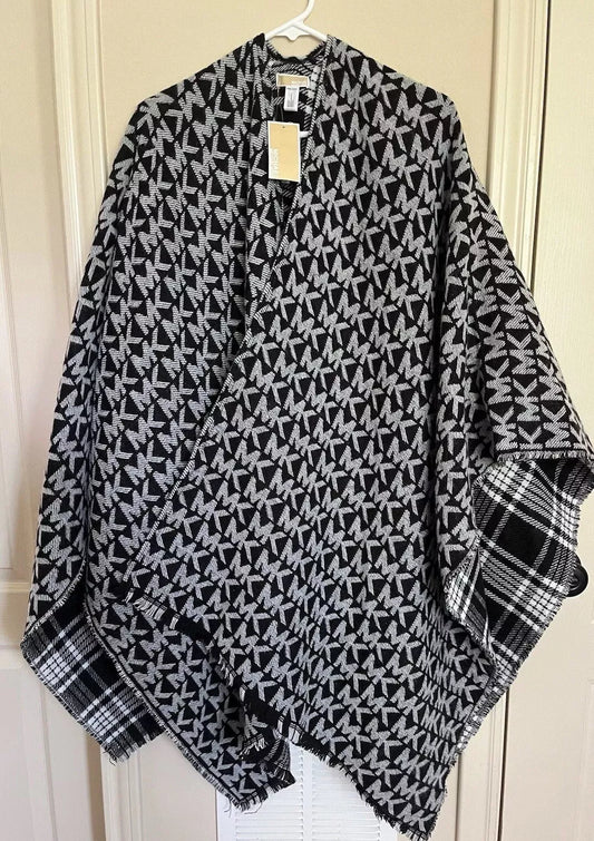 Michael Michael Kors Women’s Logo Plaid Reversible Cape Sweater Black Gray NWT