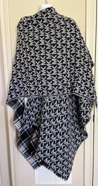 Michael Michael Kors Women’s Logo Plaid Reversible Cape Sweater Black Gray NWT