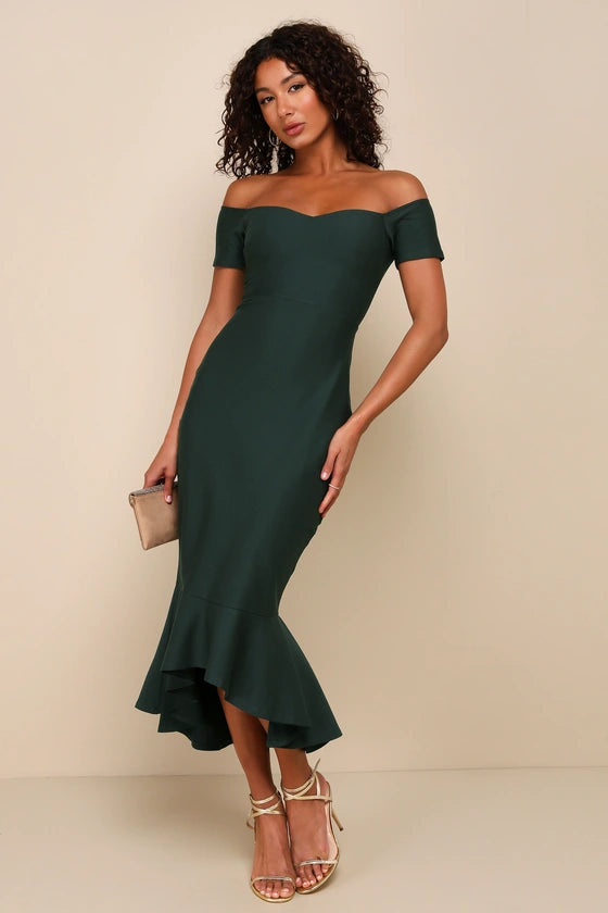 Lulus How Much I Care Dark Green Off-the-Shoulder Midi Dress