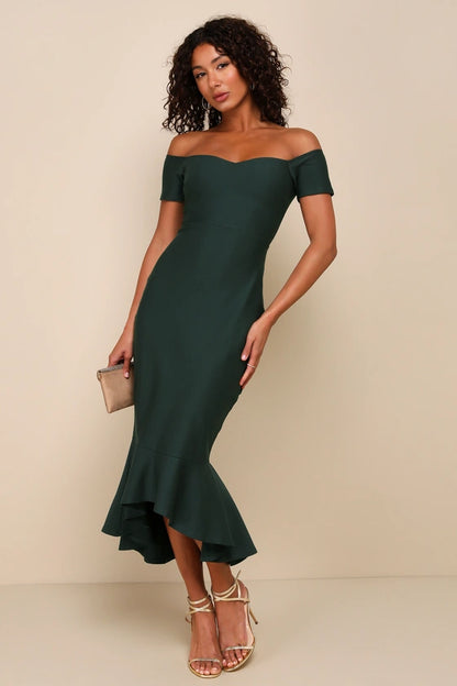 Lulus How Much I Care Dark Green Off-the-Shoulder Midi Dress