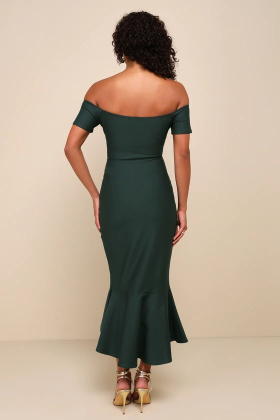 Lulus How Much I Care Dark Green Off-the-Shoulder Midi Dress