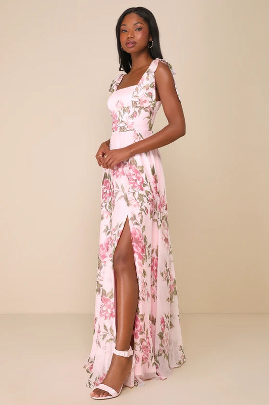 Lulus Love Me Forever Pink Floral Tie-Strap Square Neck Maxi Dress