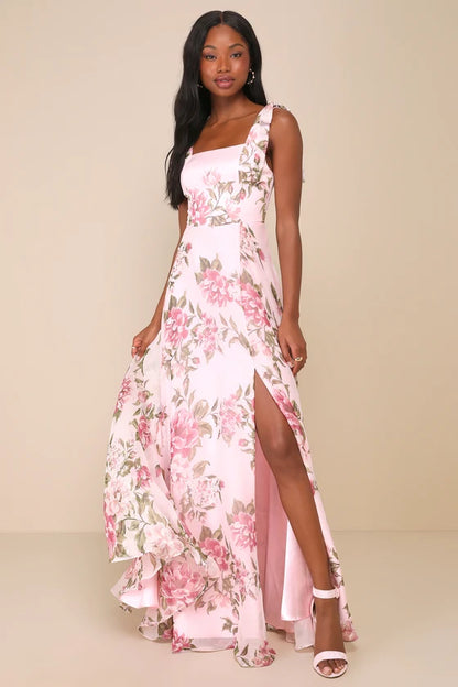 Lulus Love Me Forever Pink Floral Tie-Strap Square Neck Maxi Dress