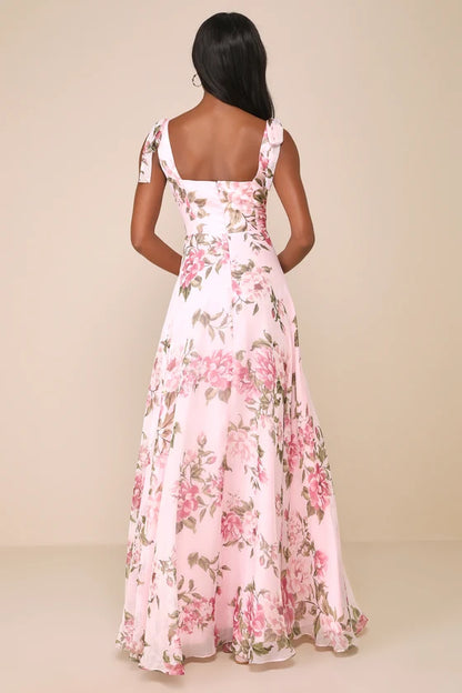 Lulus Love Me Forever Pink Floral Tie-Strap Square Neck Maxi Dress