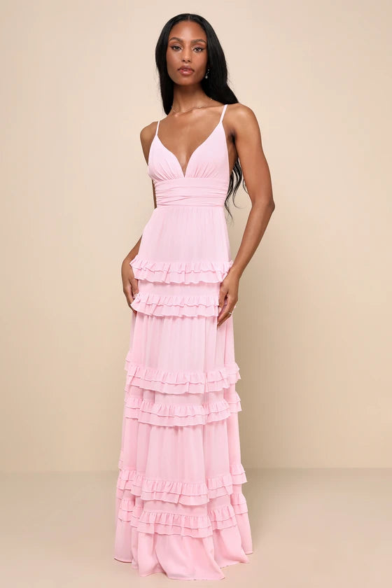 Lulus Lavish Perfection Light Pink Ruffled Tiered Maxi Dress